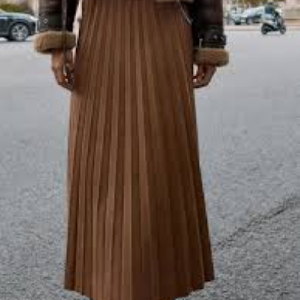 Zara Brown Faux Suede Maxi Pleated Skirt